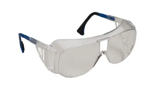 Durchsichtige Schutzbrille mit seitlichem Schutz für UV-Schutz. Das Modell stammt von Grünbeck und eignet sich für den Einsatz in gefährlichen Umgebungen.